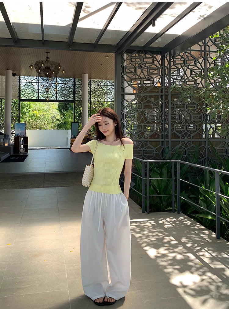 Pusumede Shoulder Slim Short Knitted tee