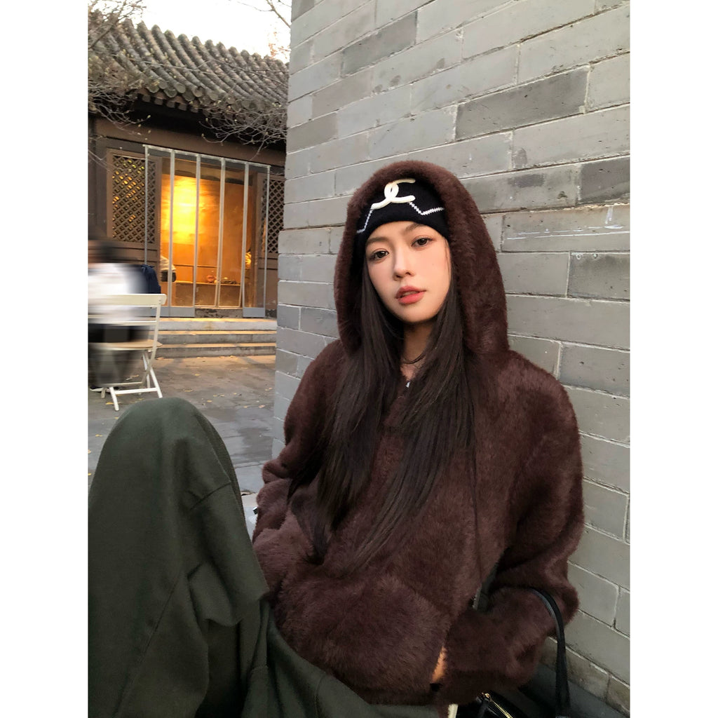 Pusumede Temperament Comfortable Hooded Warm Fluffy Jacket
