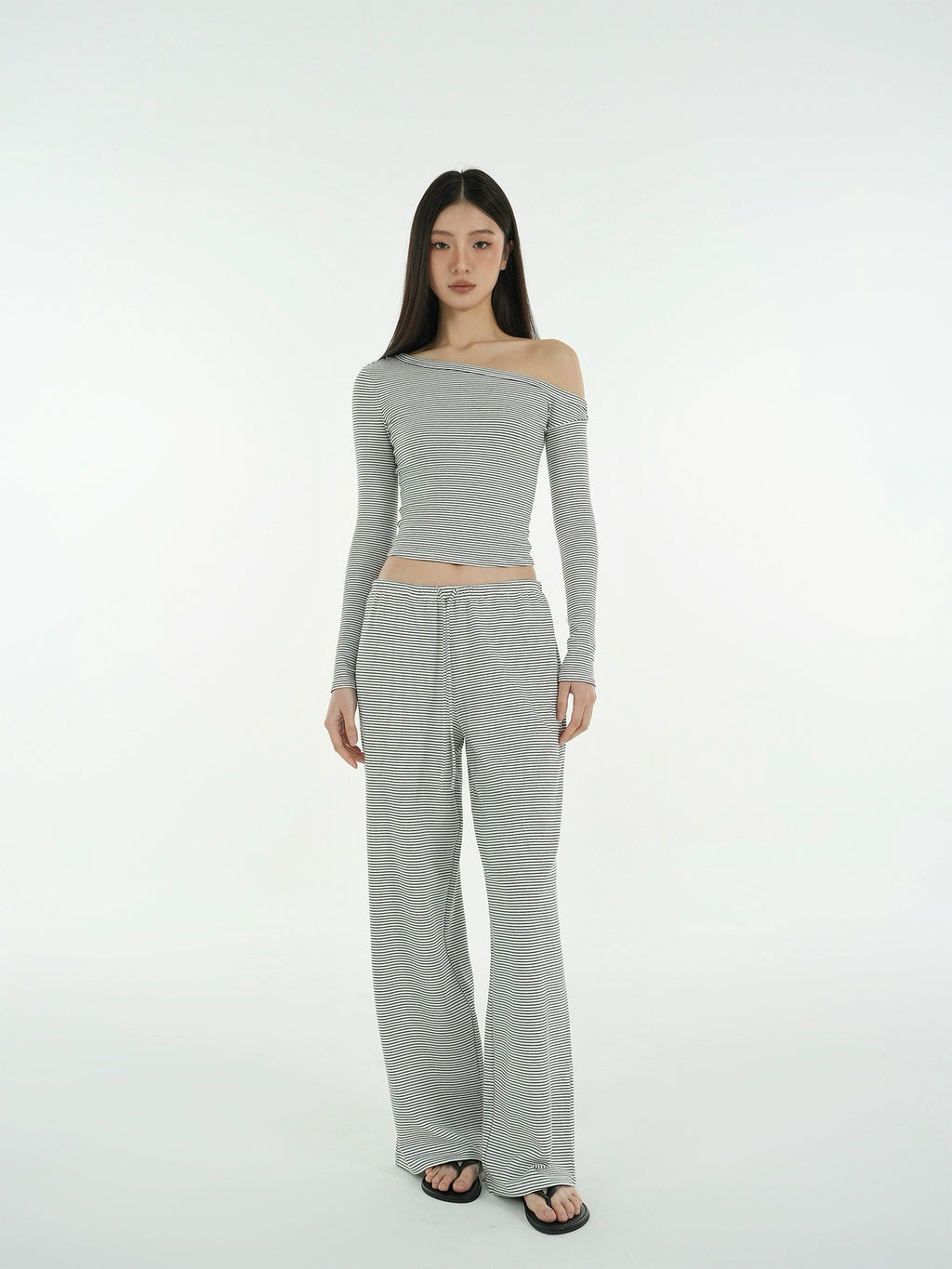 Jim Kennet Striped Slash Shoulder Straight Floor Pants Set