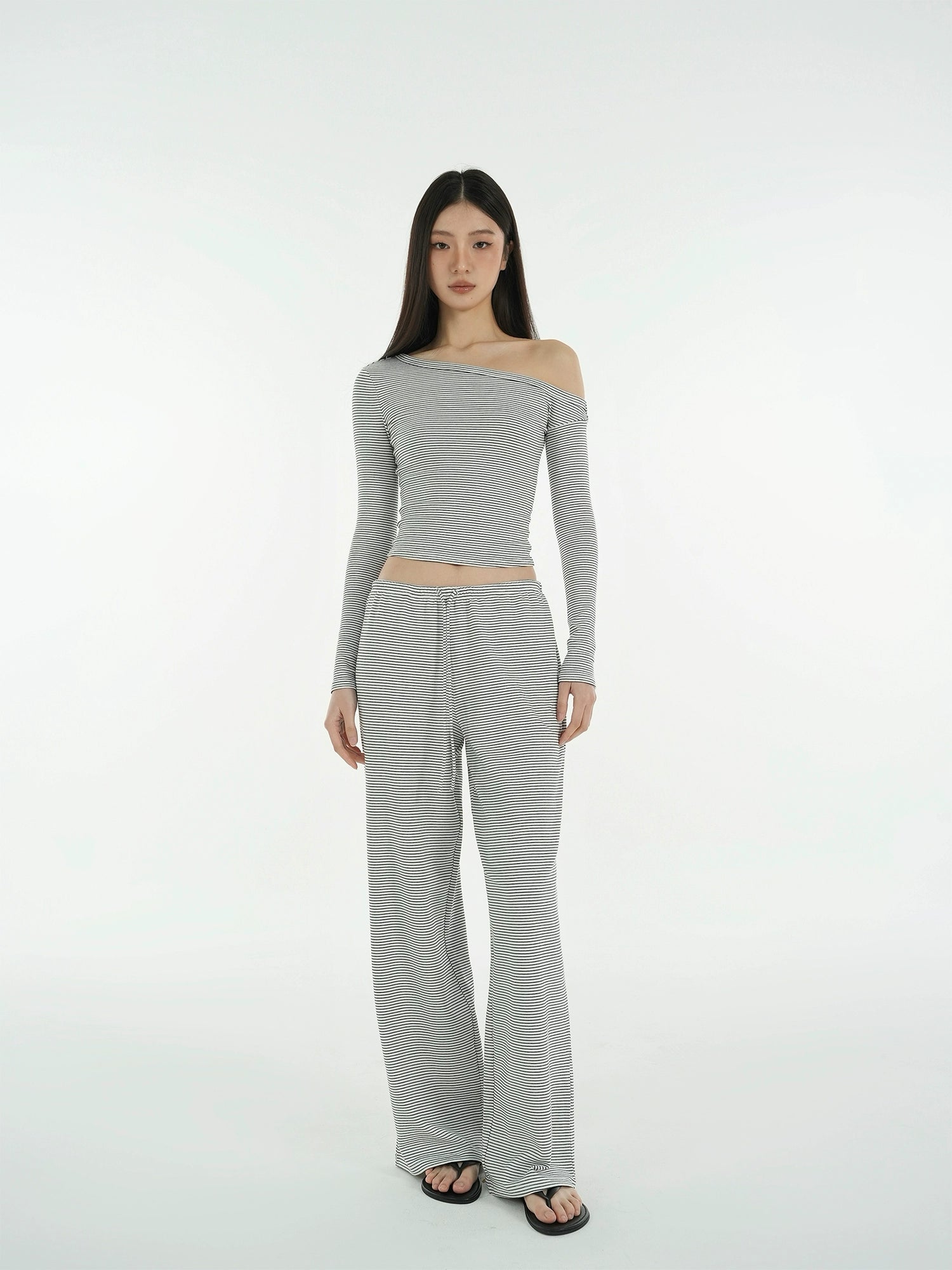 Jim Kennet Striped Slash Shoulder Straight Floor Pants Set