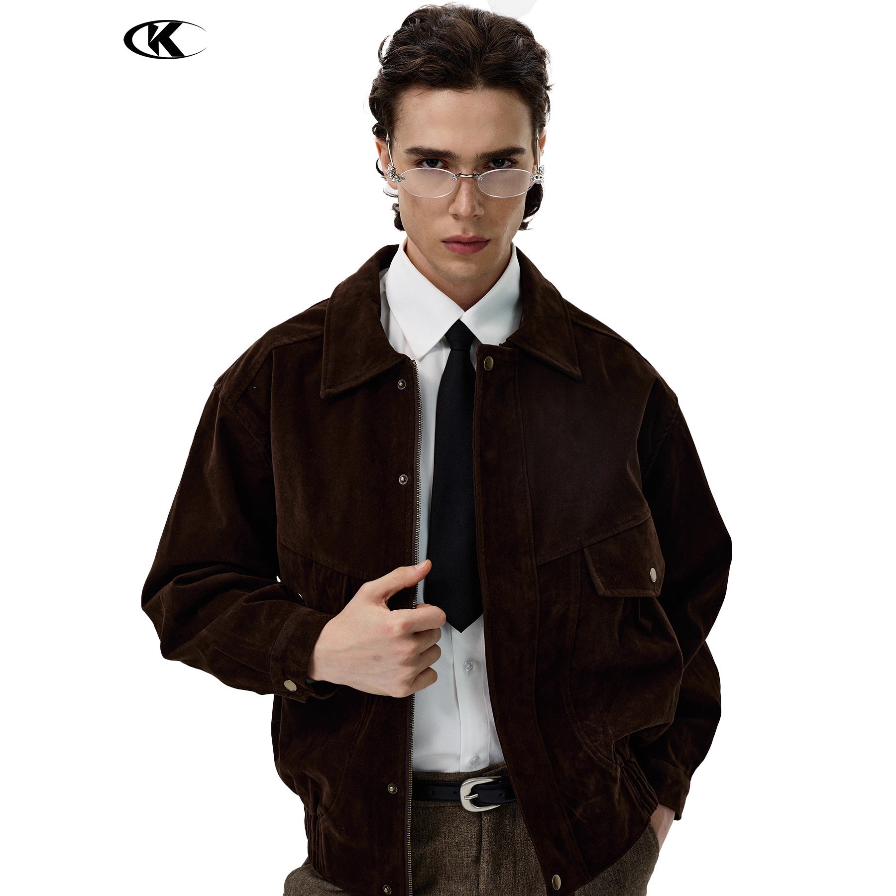 11KN Retro Loose Imitation Leather Fleece Lapel Jacket