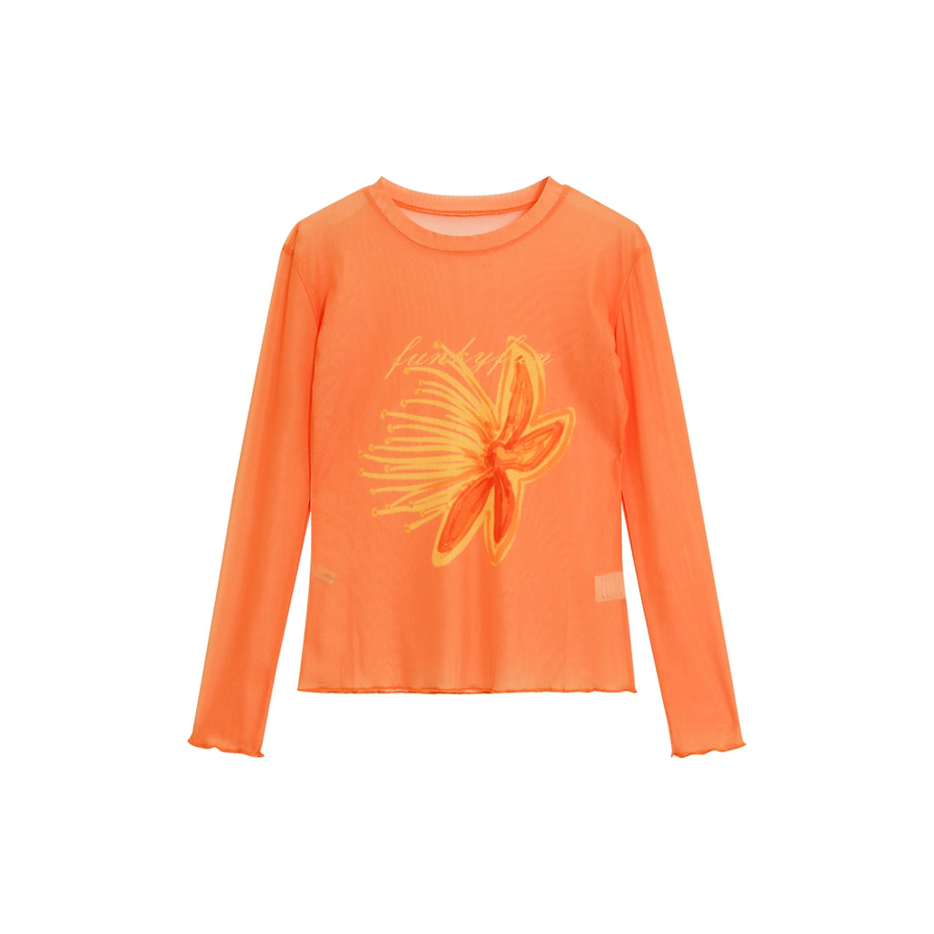 FUNKYFUN Stamen Print Mesh Fungus Edge Long Sleeve