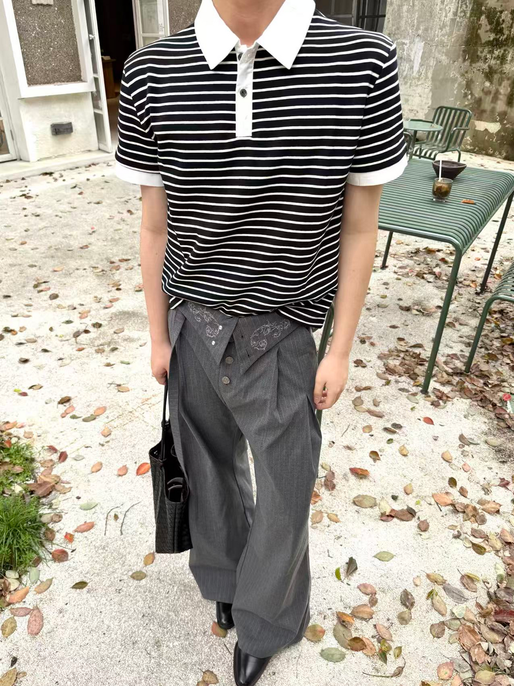 MANUSCRIPT Striped False Two-piece Front Shoulder Contrasting Tee