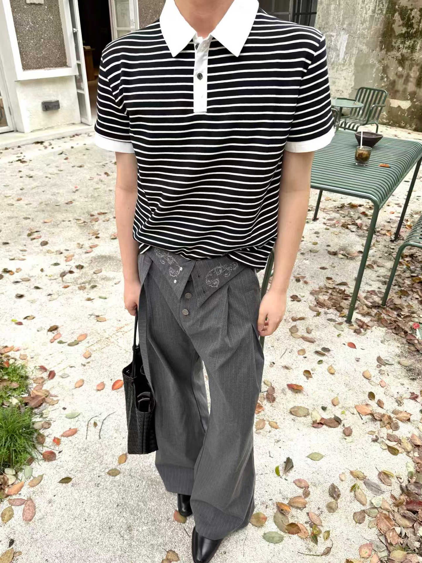 MANUSCRIPT Striped False Two-piece Front Shoulder Contrasting Tee