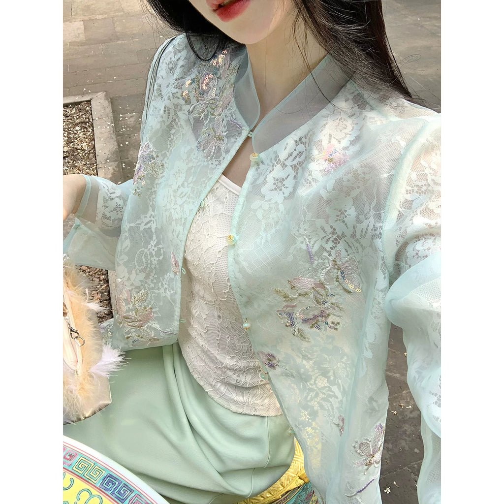 ZIHE Lace Embroidered Top Satin Skirt Set
