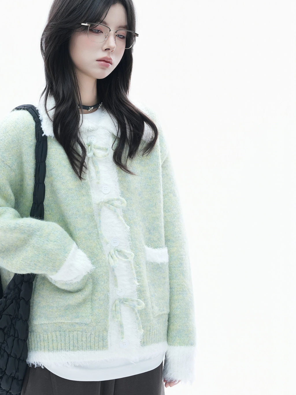 Zuocisankon Contrasting Bow Knitted Cardigan Sweater