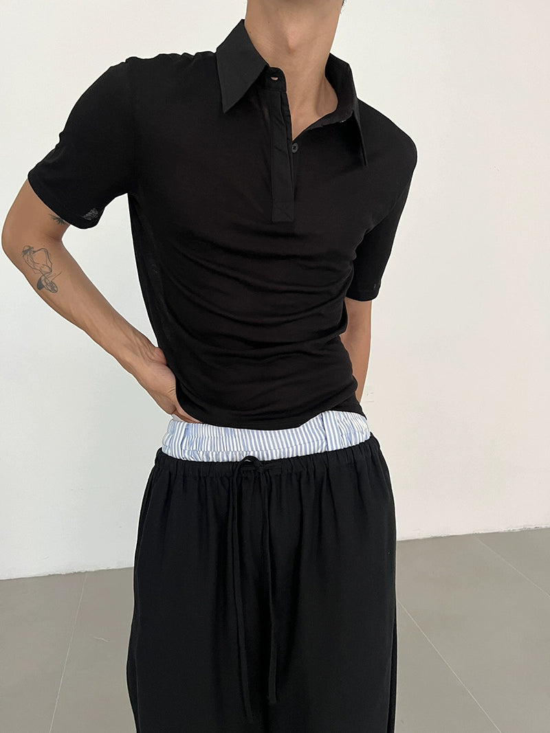 COLN Loose Micro-transparent Splicing Short-sleeved Polo Shirt