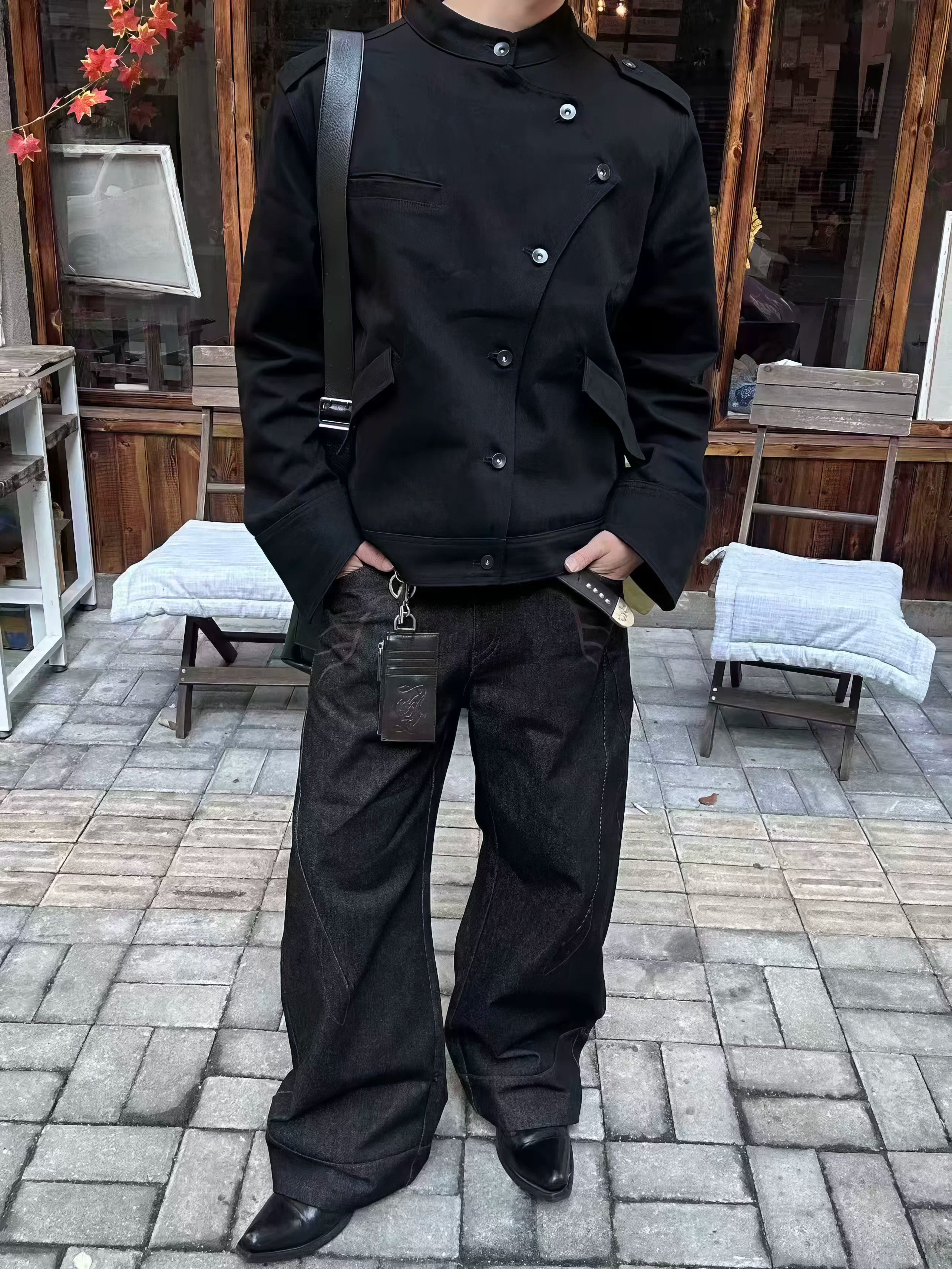 Esaias Stand-up Collar Slanted Placket Denim Jacket