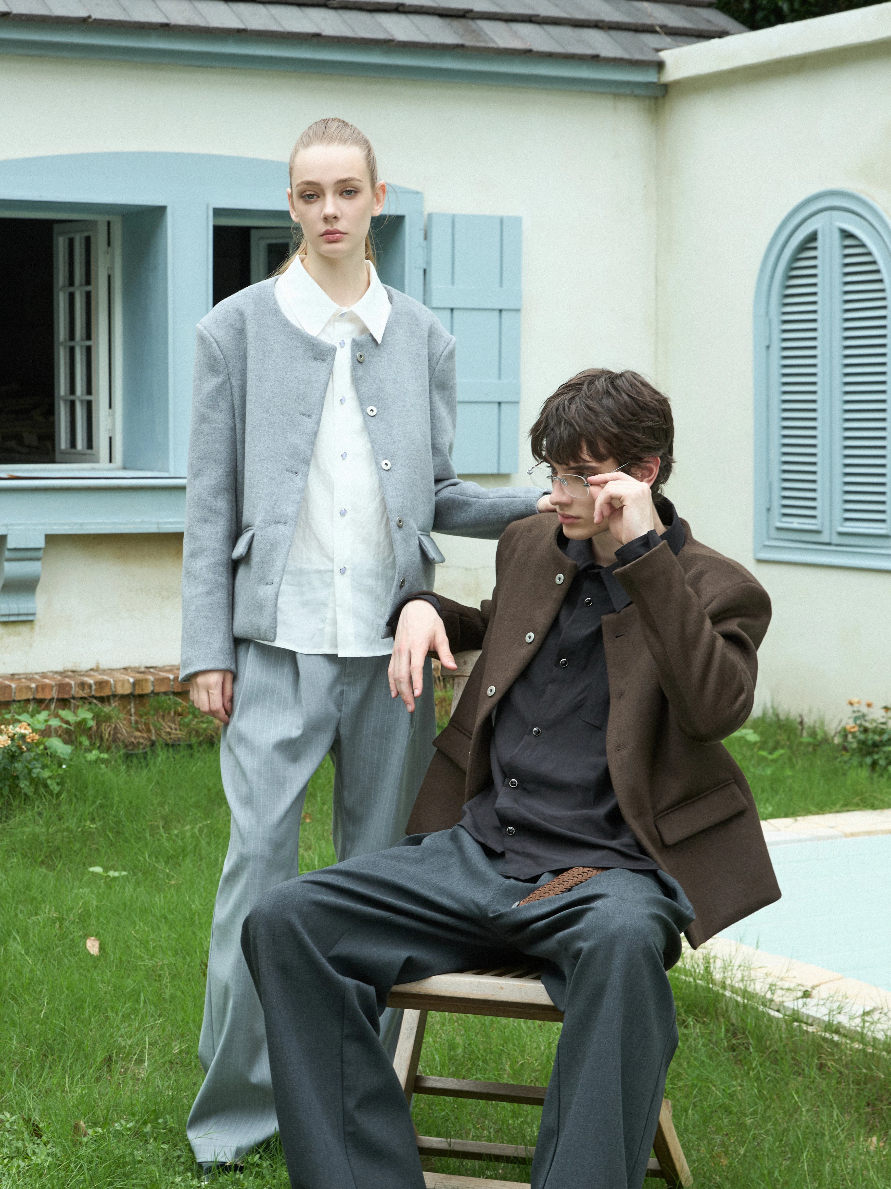 Stay The Night Straight Shoulders Collarless Suit Striped Jacket