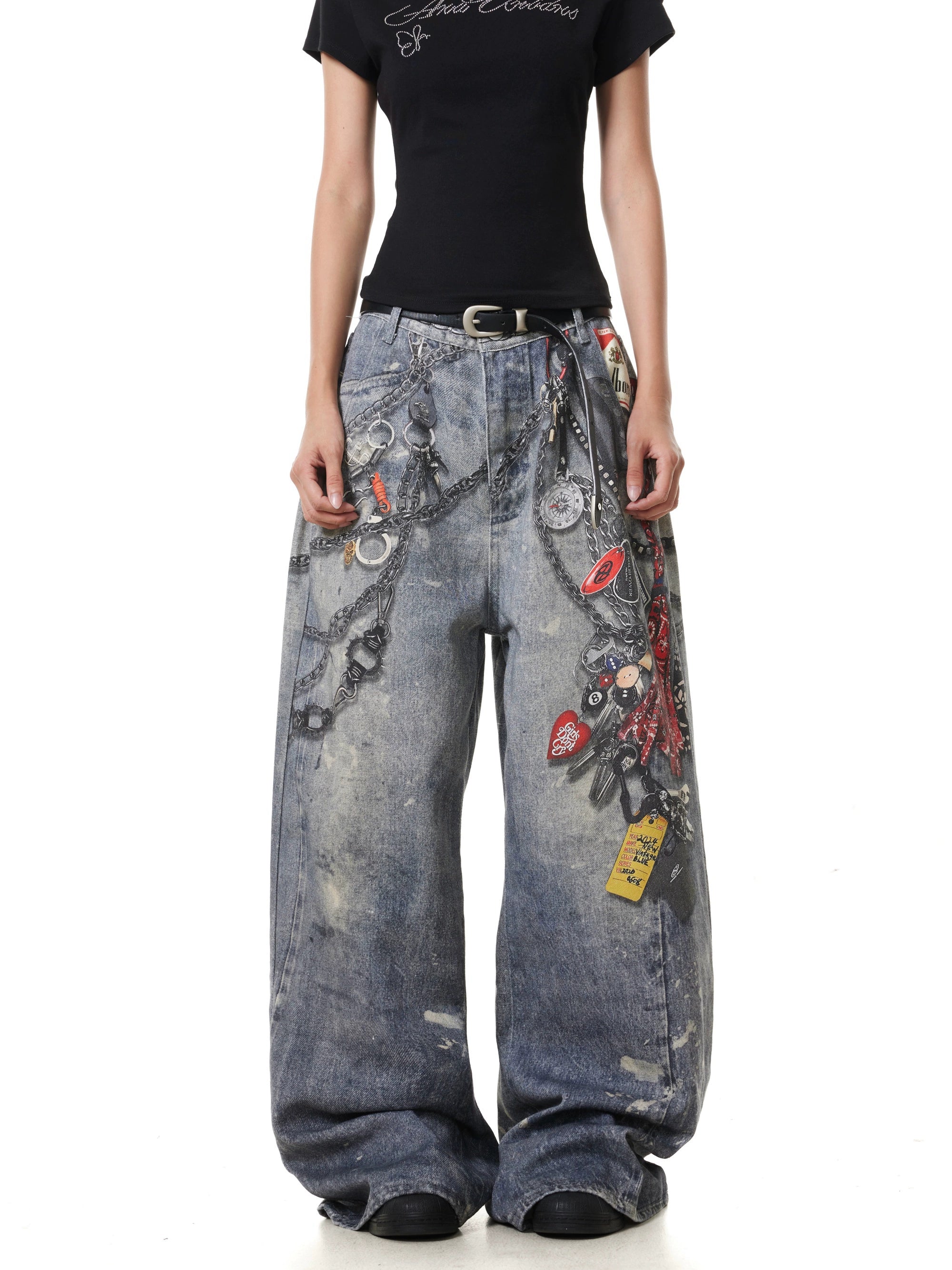 BTSG "Washed and old splashed ink 3D digital printing chain jeans"