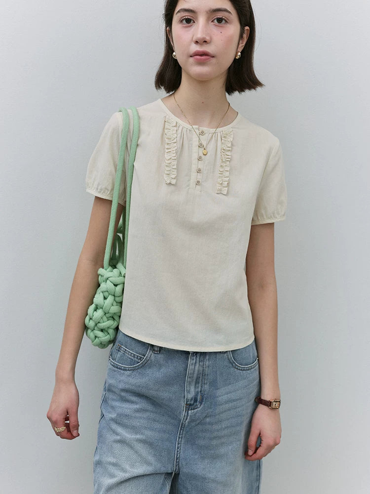 VOOE Fungus Edge Front Shoulder Crew Neck Casual Shirt