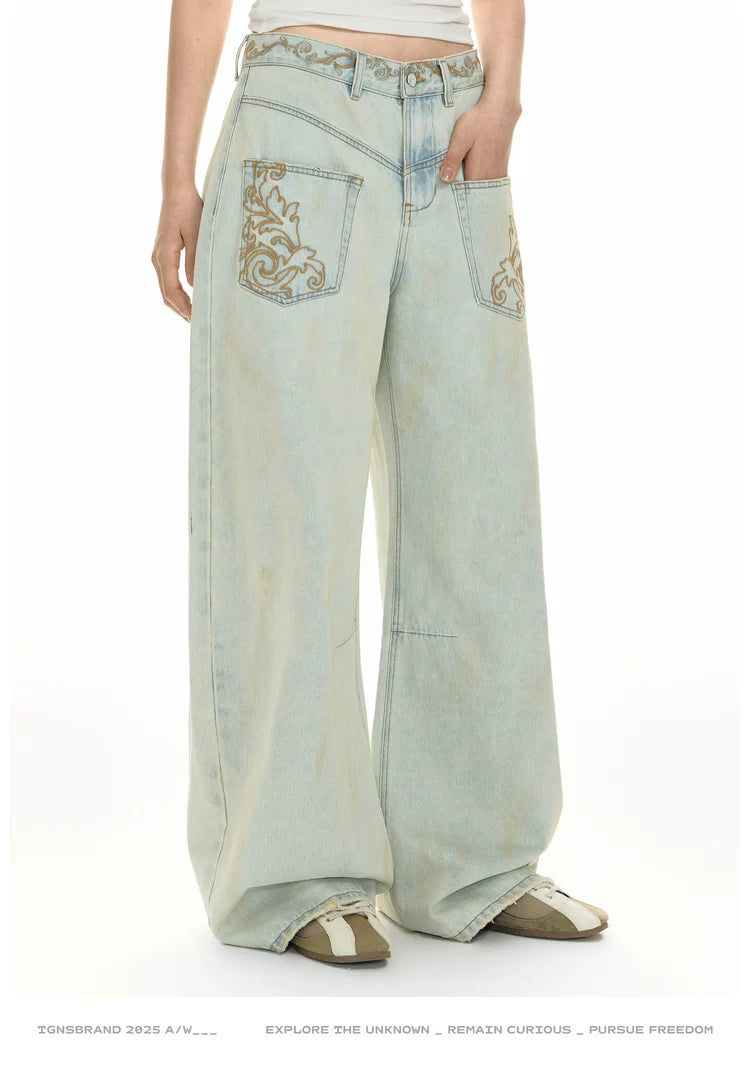 TGNS Vintage Loose Embroidered Low Waist Jeans