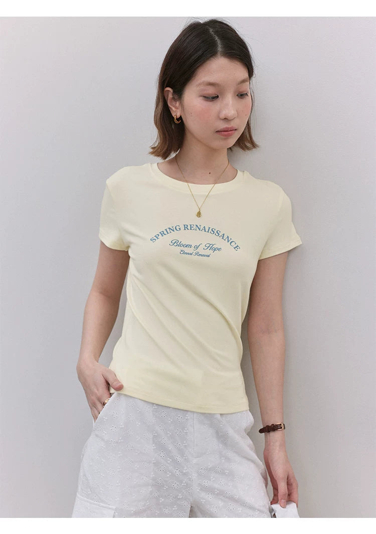 VOOE Letter Print Front Shoulder Crew Neck Versatile Tee