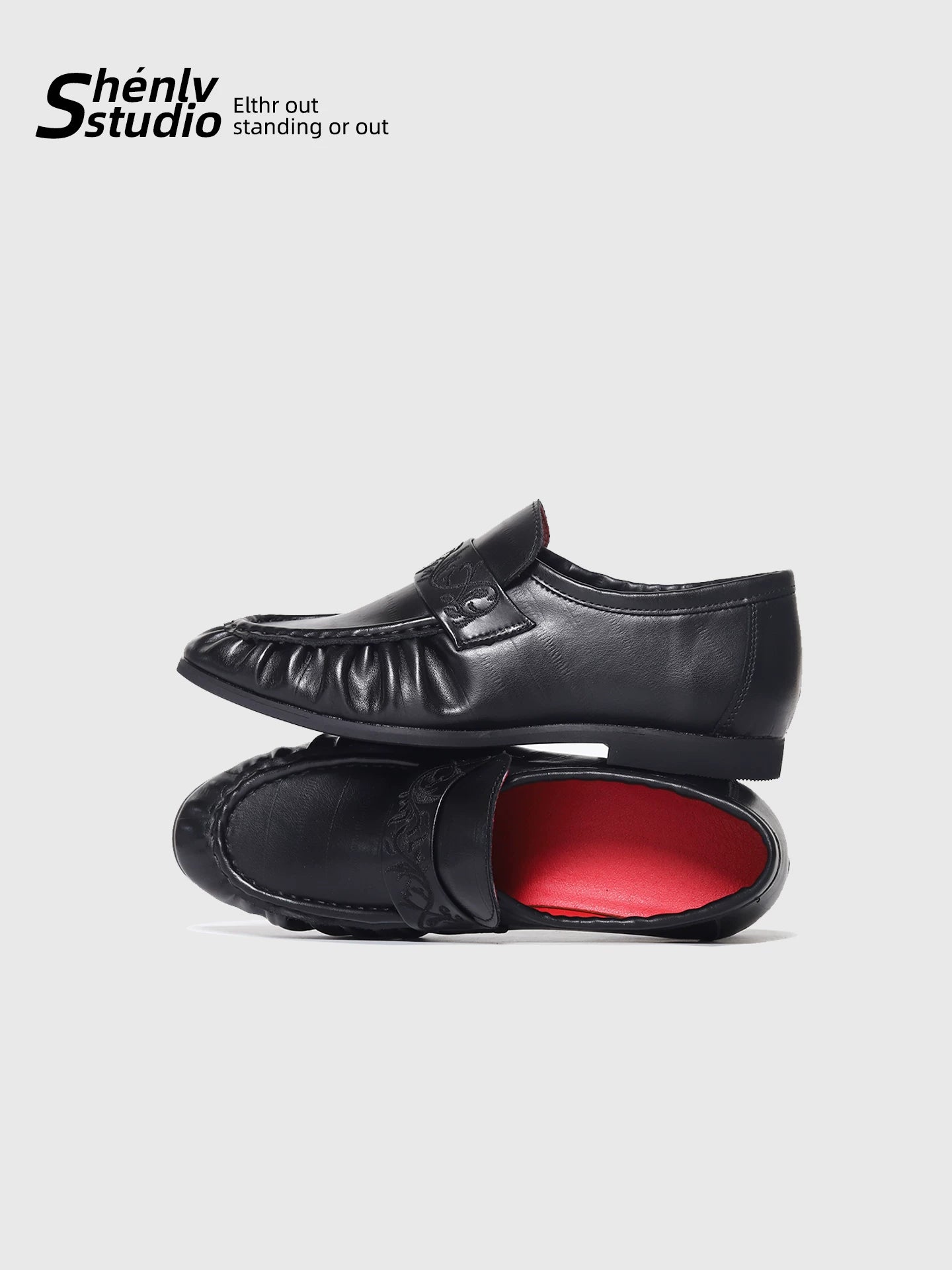 SHENLV STUDIO Pleated Niche Embroidered Casual Leather Shoes