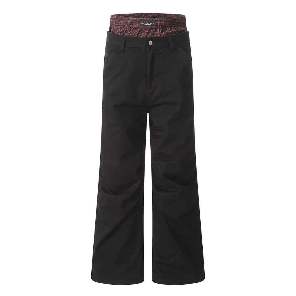 11KN Plaid Splicing Casual Straight-leg Pants