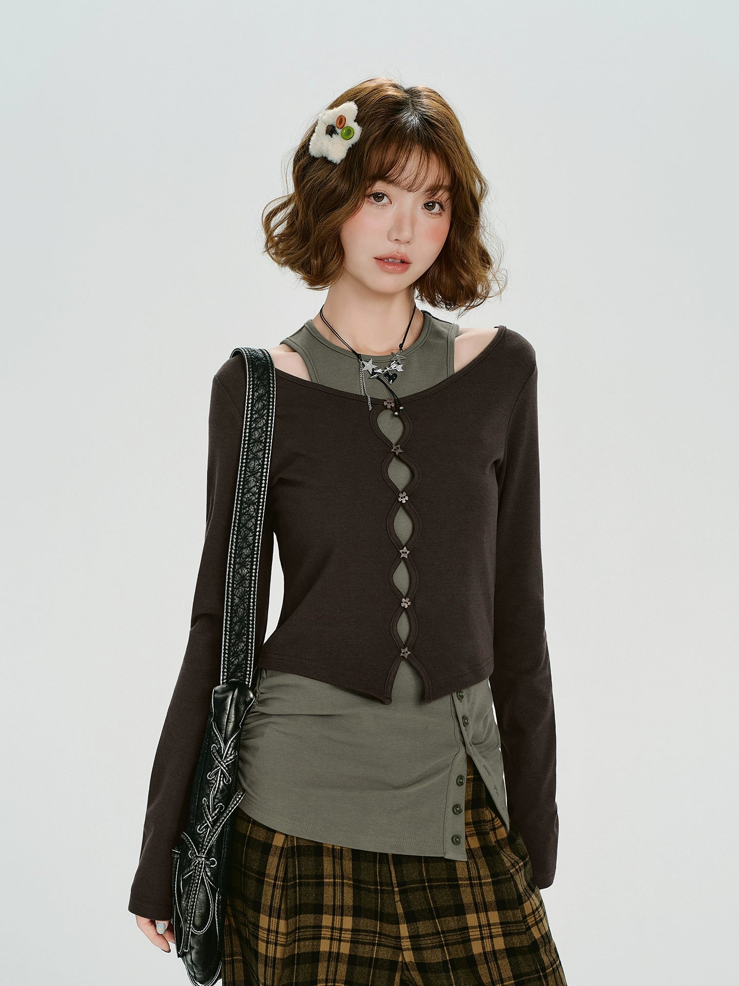 Girlyhalo Vintage Fake Two Piece Slim Skinny Long Sleeve