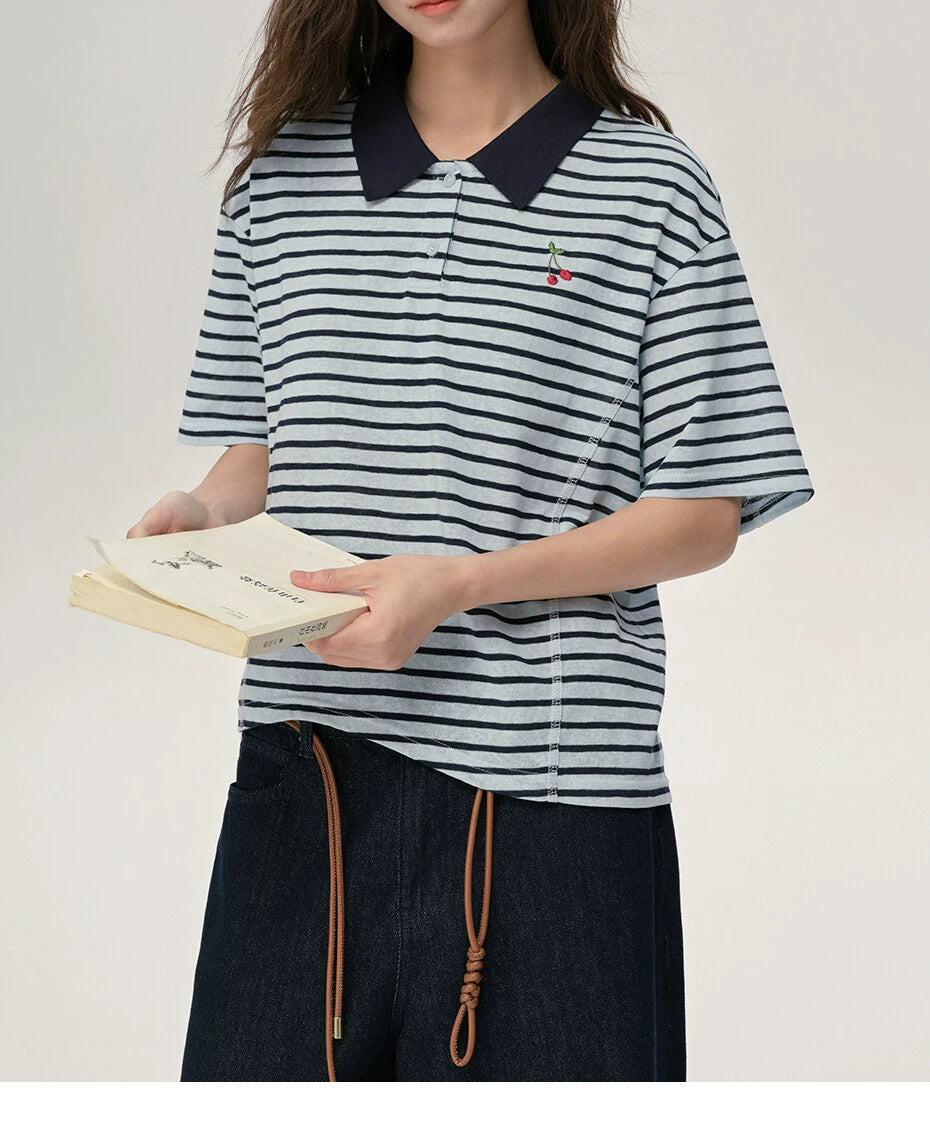 Giordano Contrasting Striped Cherry Embroidered Lapel Tee