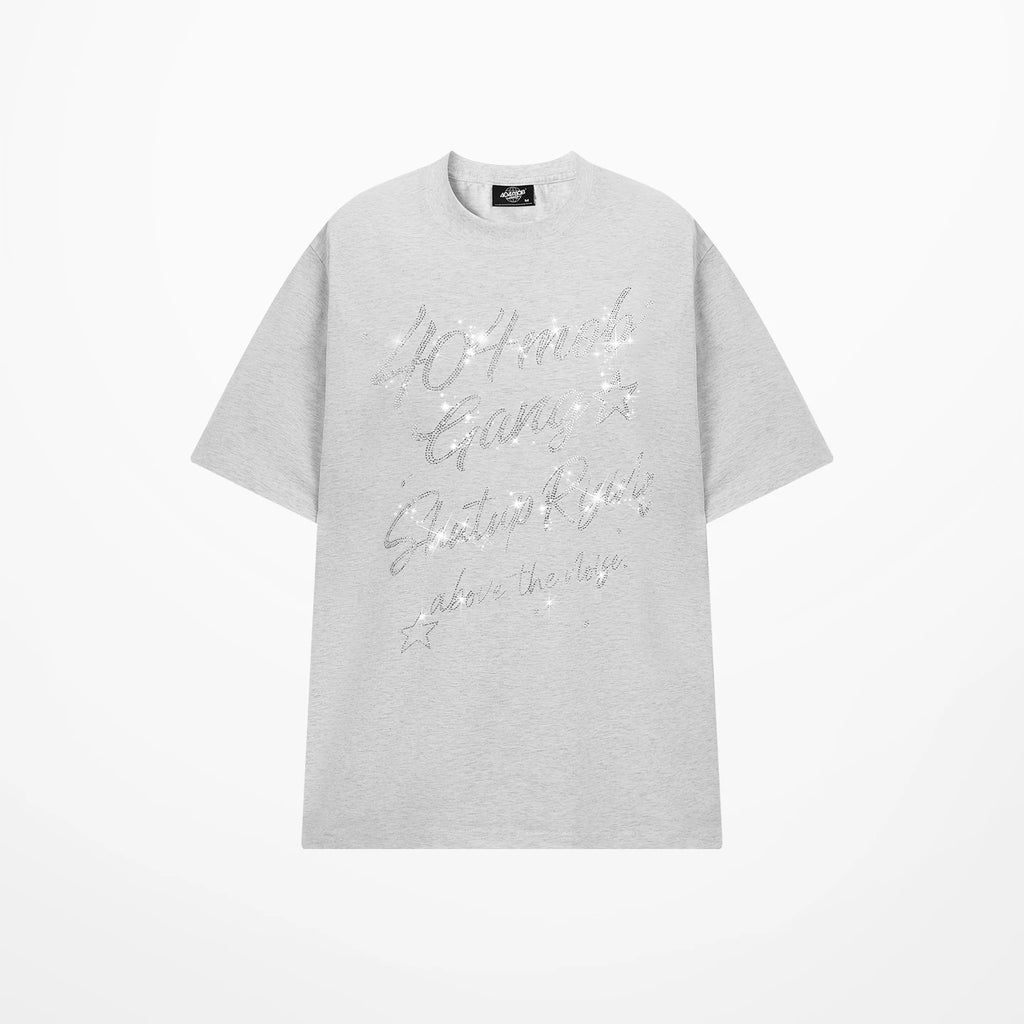 404MOB Letter Hot Diamond Round Neck Loose Tee