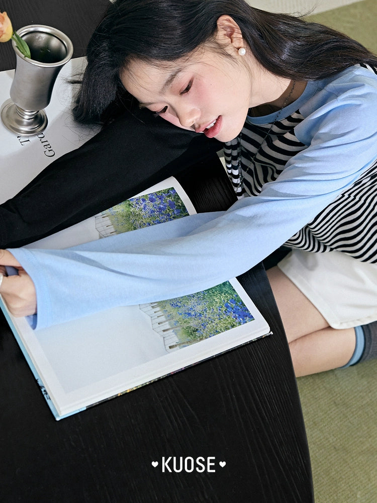 Kuose Striped Shoulder Sleeves Splicing Long Sleeves