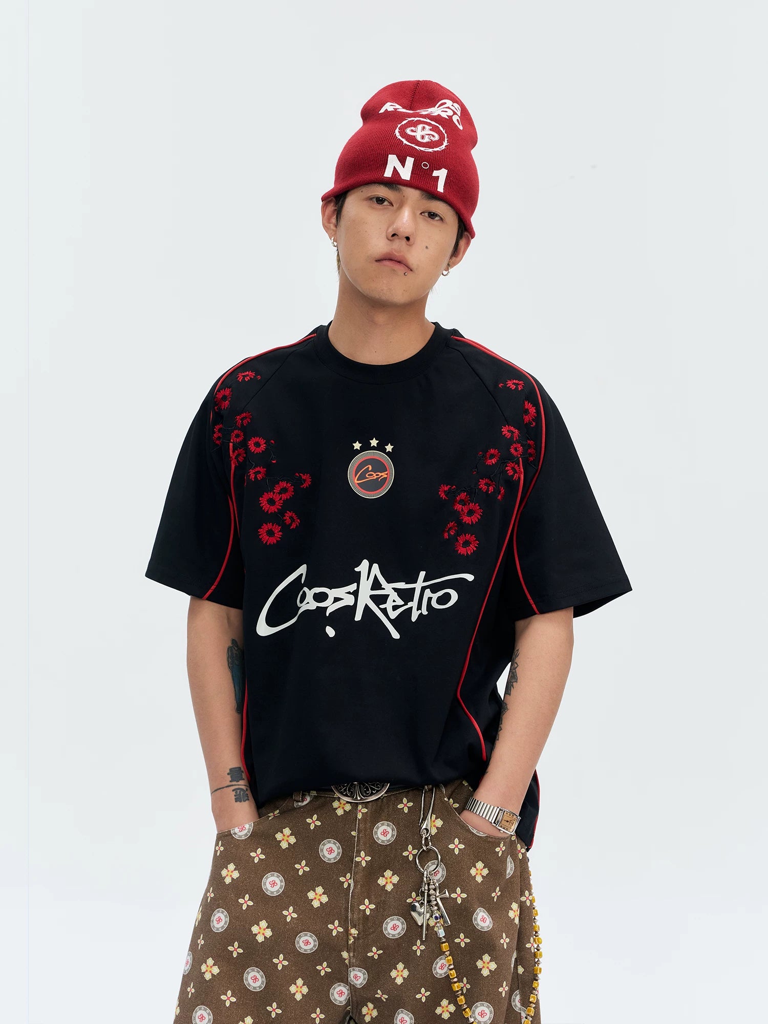 CoosRetro Retro Plum Blossom Embroidery Cool Loose Tee