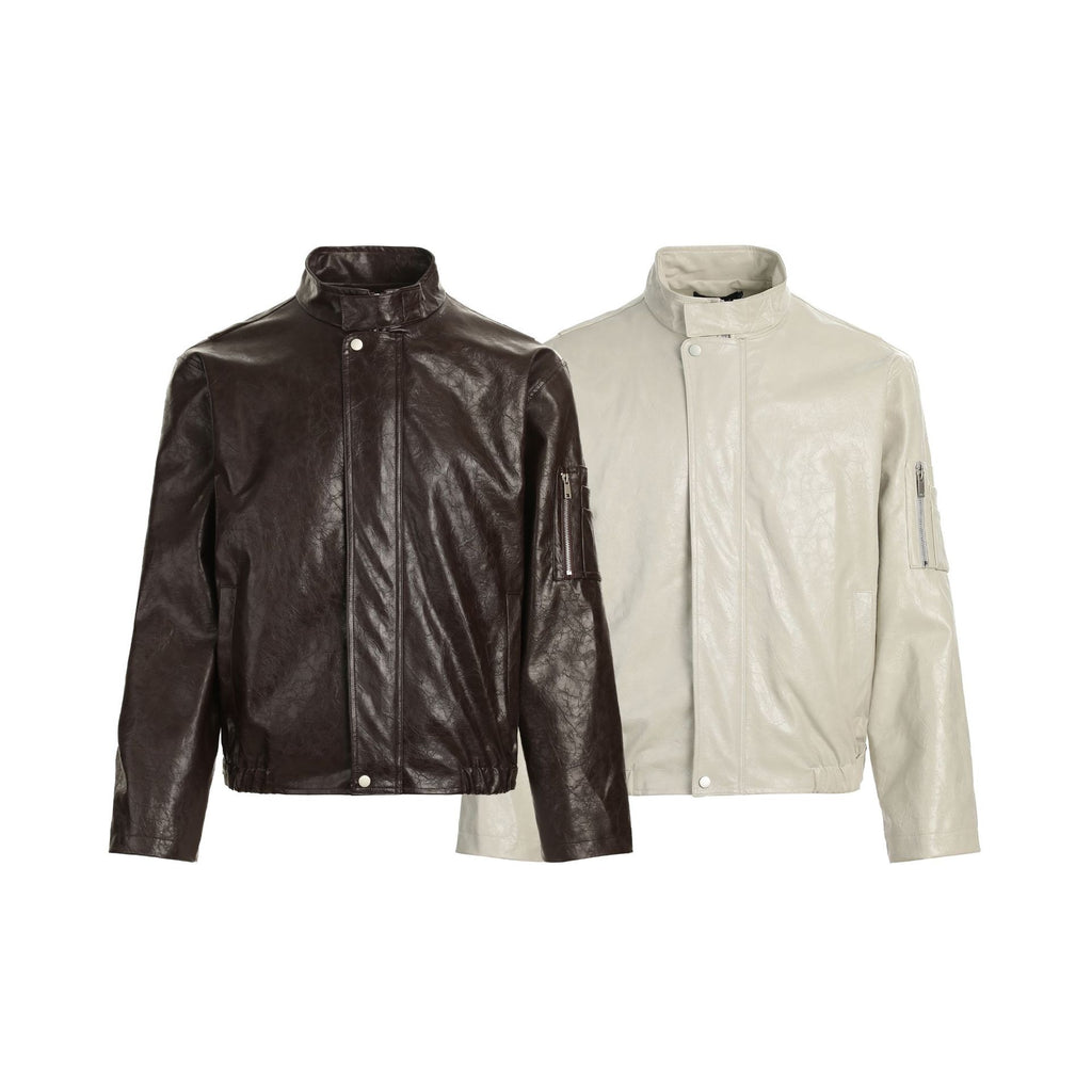 CHANYOOU Vintage Stand-up Collar Leather Jacket