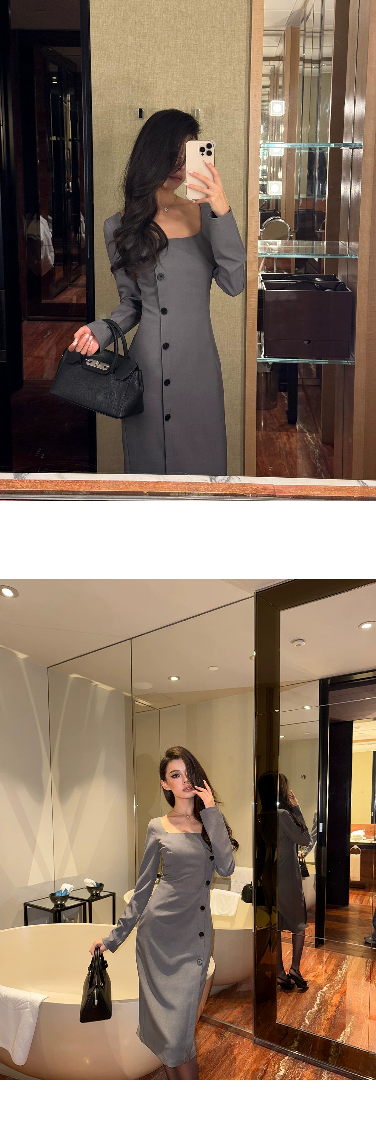 LLROGE Square Collar Temperament Commuting Slim and Thin Dress