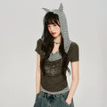 Girlyhalo Vintage Fake Two-piece Hooded Striped Slim Tee