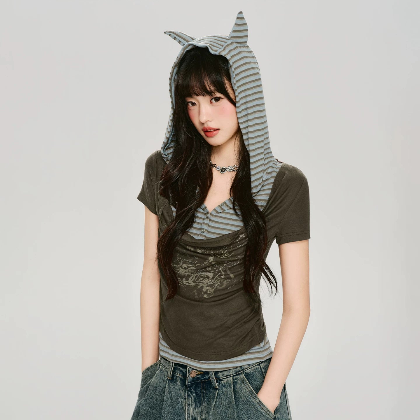 Girlyhalo Vintage Fake Two-piece Hooded Striped Slim Tee