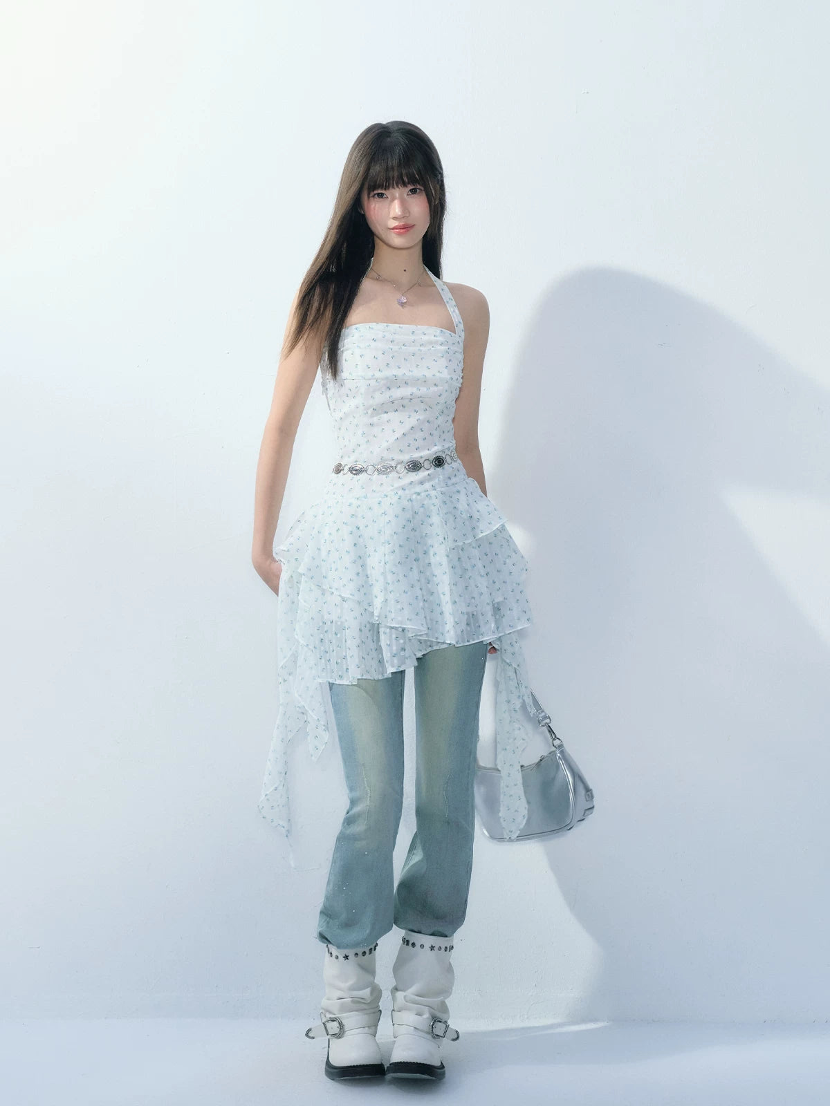 Ablueberry Floral Lotus Leaf Edge Waist Irregular Dress