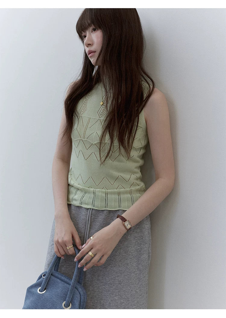 VOOE Crew Neck Hollow Jacquard Knitted Skinny Vest