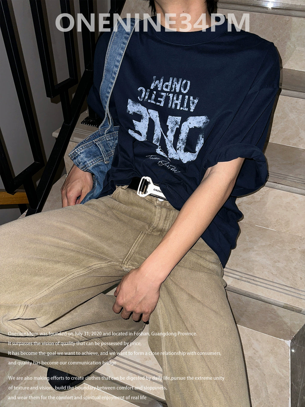 ONENINE34PM Inverted LOGO Printed Retro Loose Tee