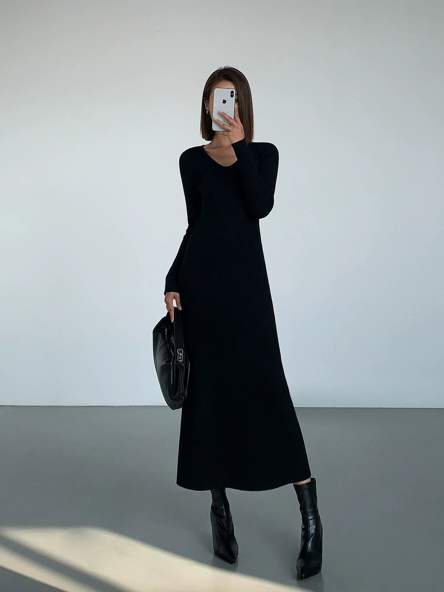 Ousph V Neck Temperament Knitted Waist Slim Dress