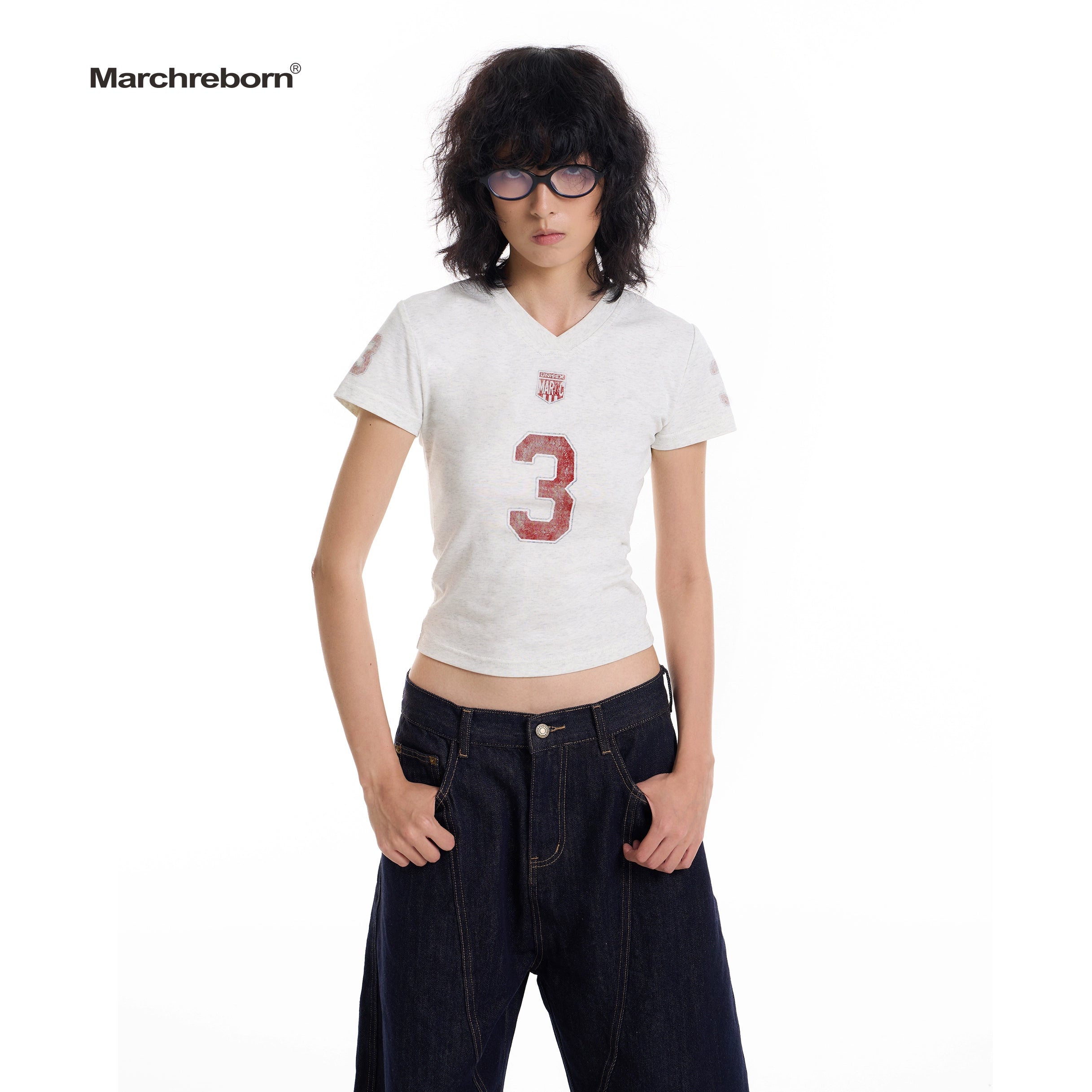 March Vintage Jersey Summer V-neck Digital Print Tee