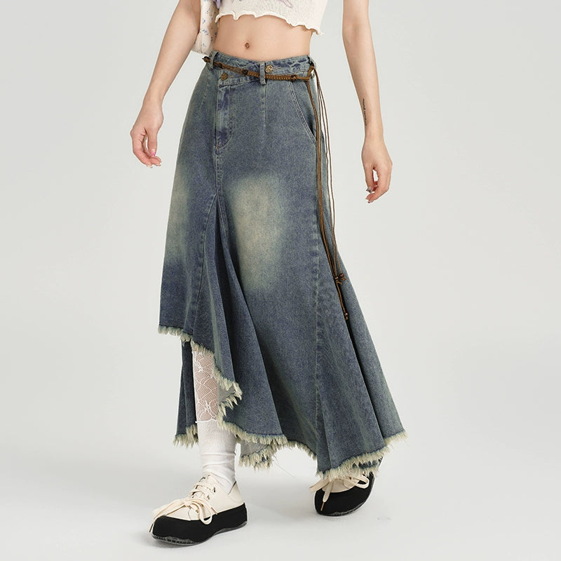 Girlyhalo Vintage High Waist Denim Skirt