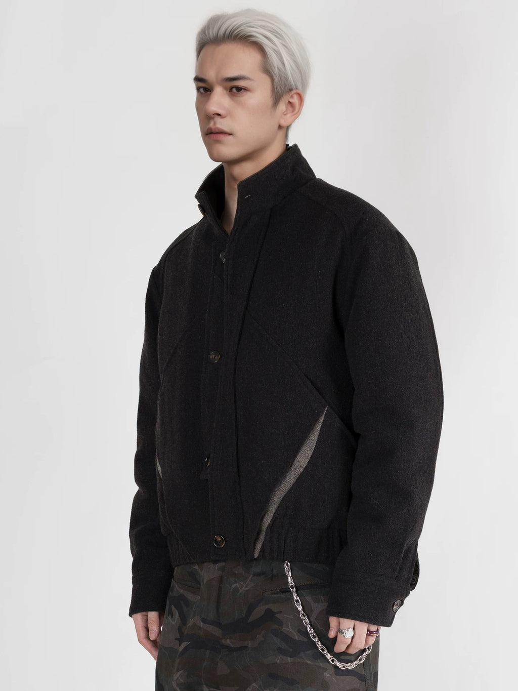 PERDU Double Placket Deconstruction Wool Splicing Stand-up Collar Color Matching Cotton Clothes