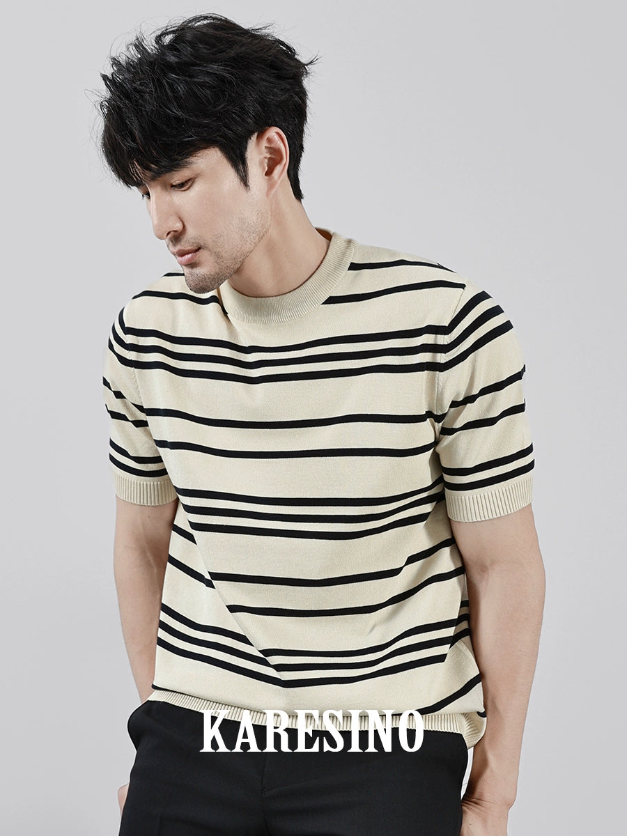 KARESINO Ice Silk Breathable, Striped Crew Neck Casual Tee