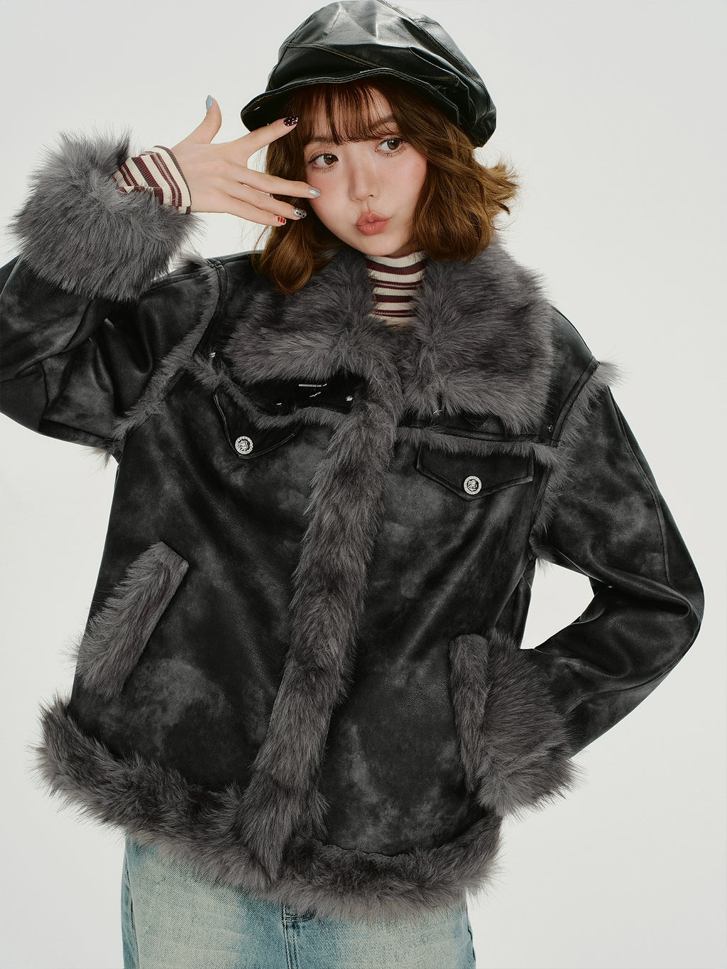 Girlyhalo Vintage Smudged Fur All-in-one Jacket