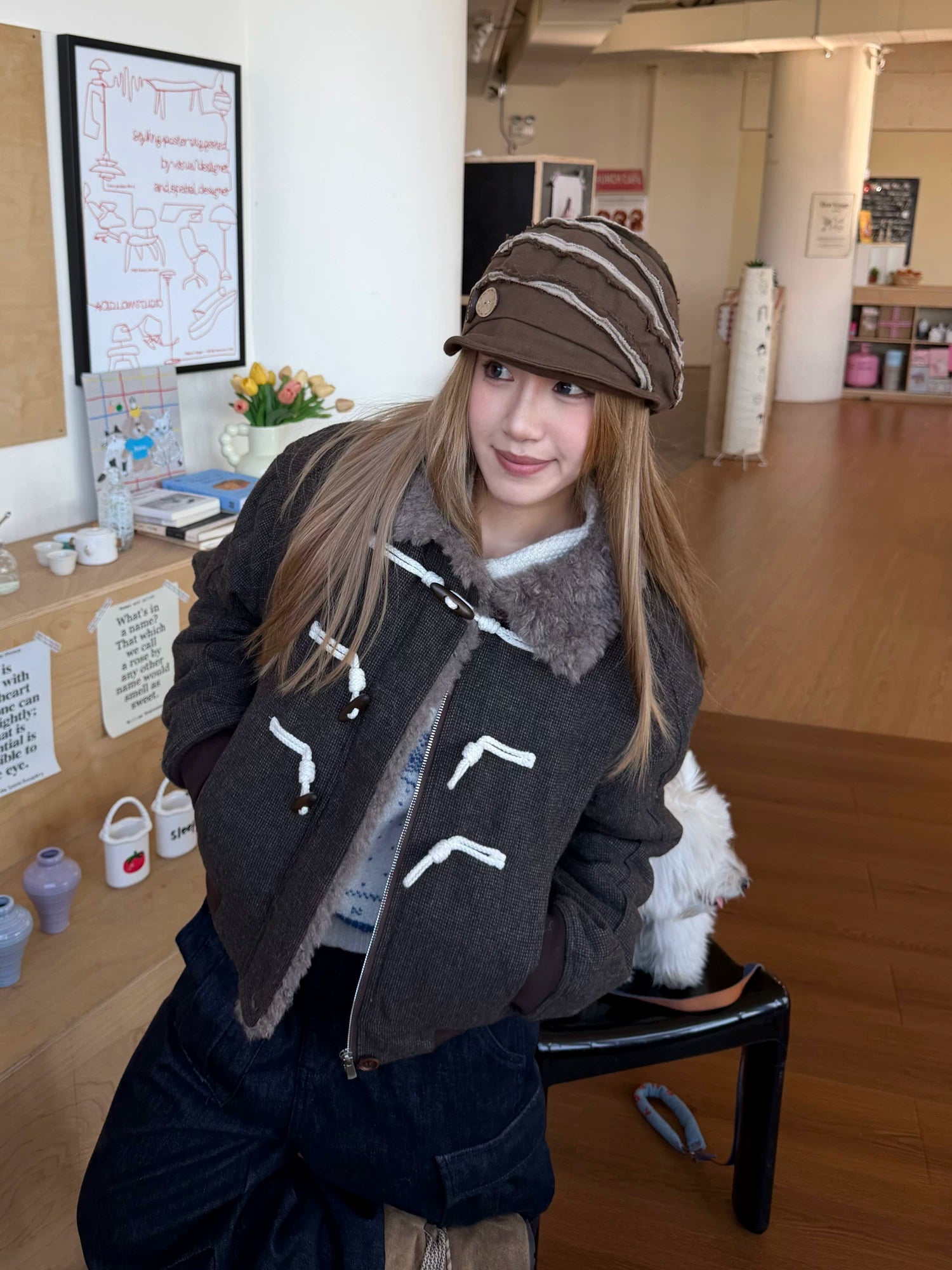 CCYE Horn Buckle Fur Collar Lamb Wool Thick Coat