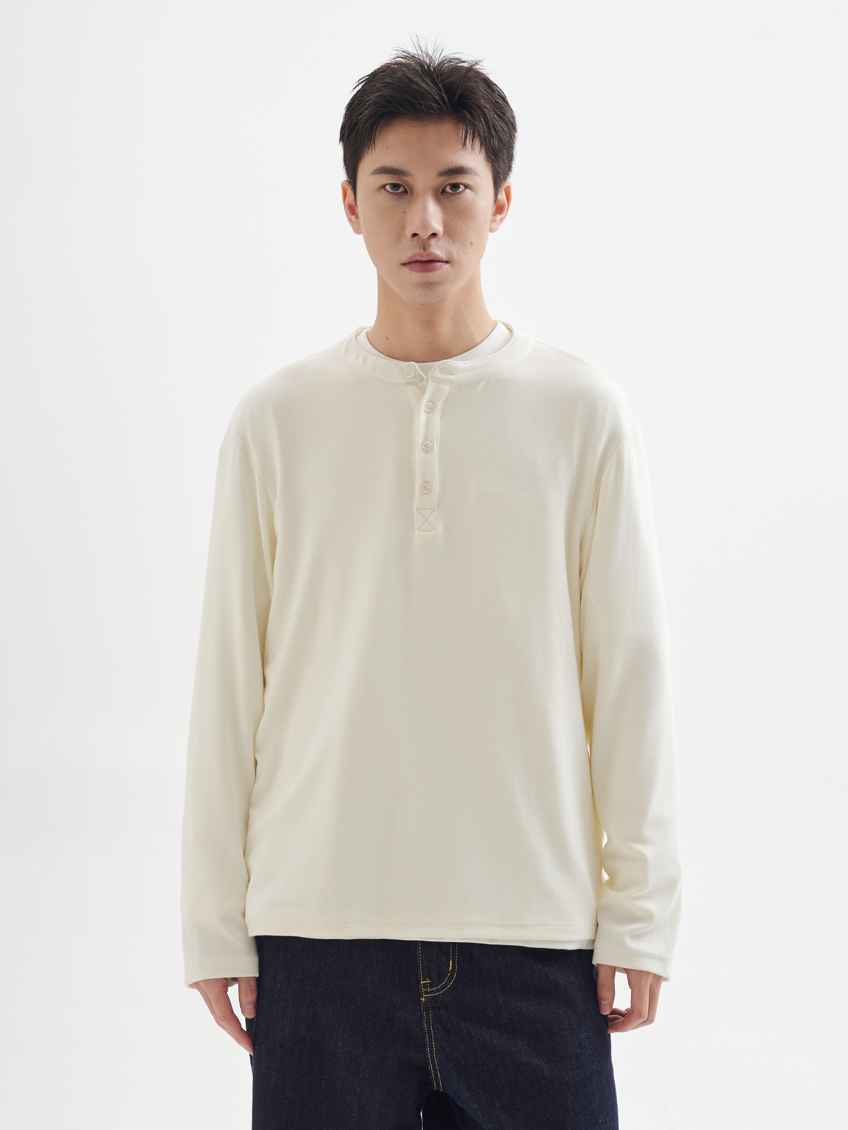 BUTTBILL 24AW Japanese Henry Neck 5% Merino Blended Long Sleeve Tee
