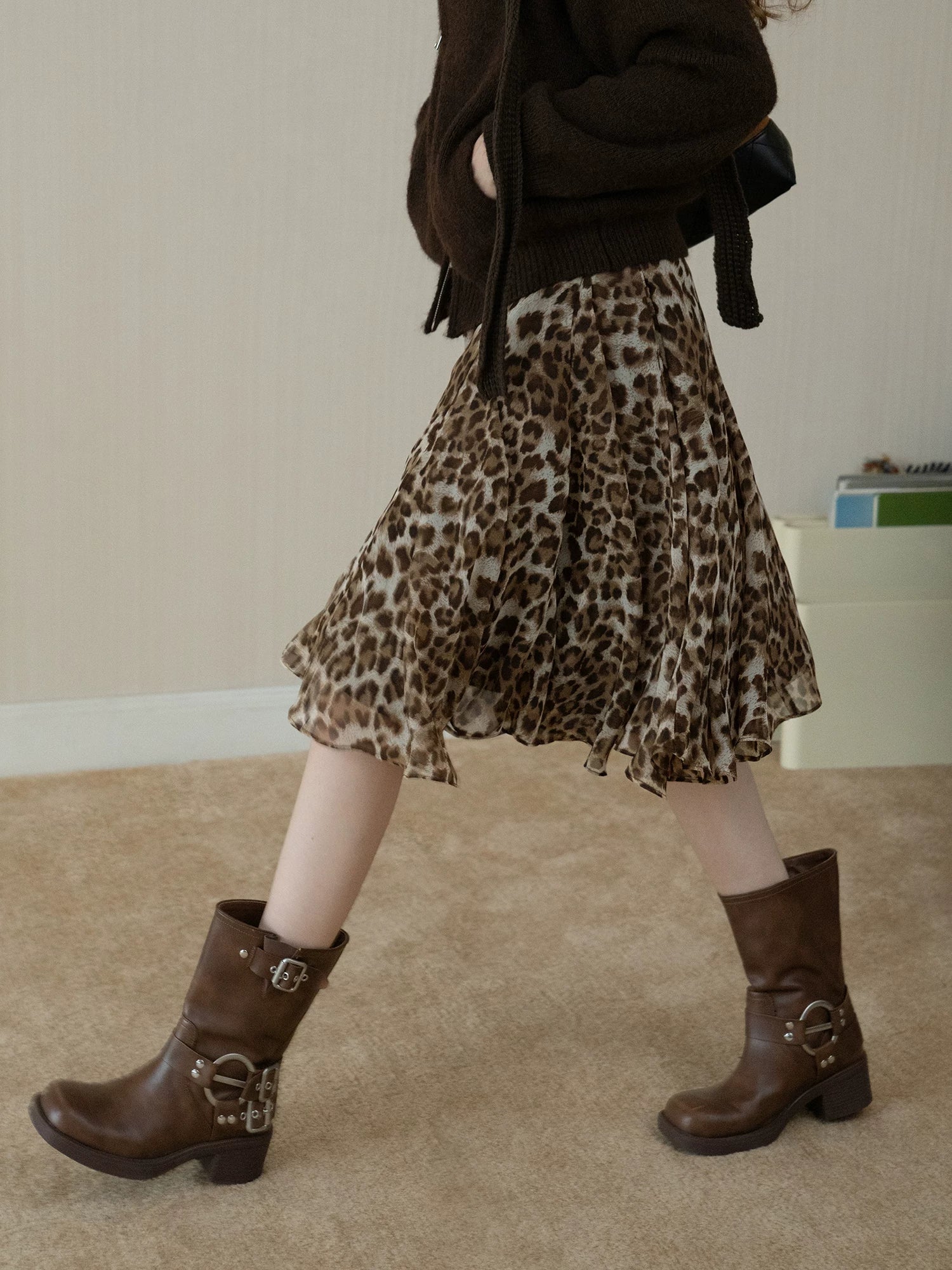 EGGKA High Waist Leopard Print Drape Skirt