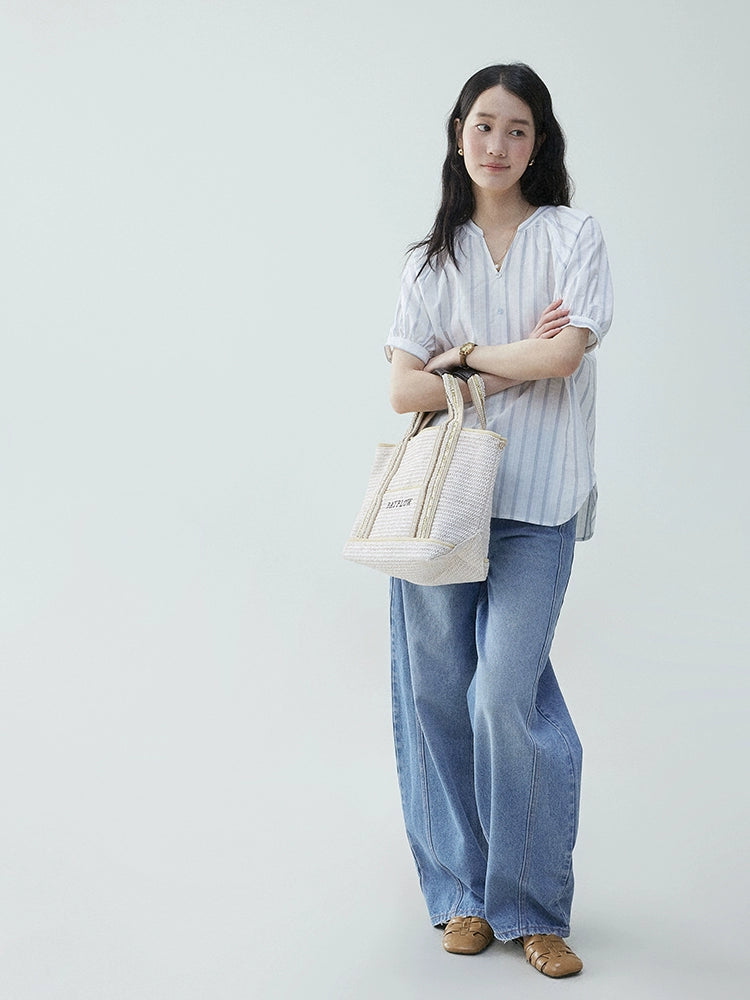 VOOE Contrast Striped V-Neck Pullover Commuter Shirt