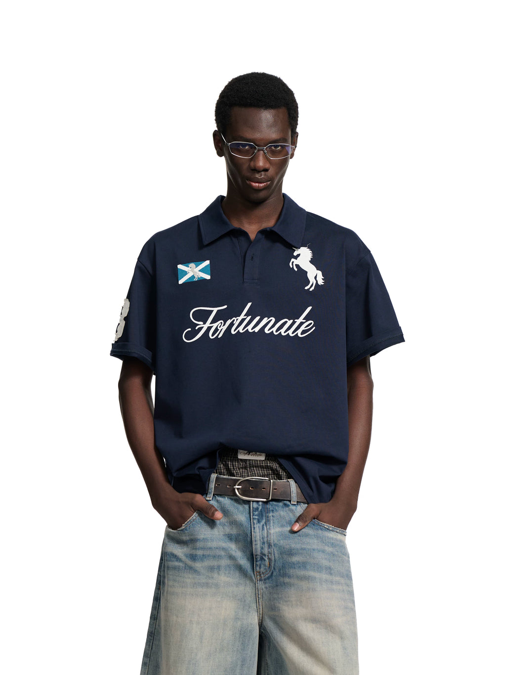 Loopsoon Lapel Front Chest Embroidery Horse Logo Letter Polo Tee