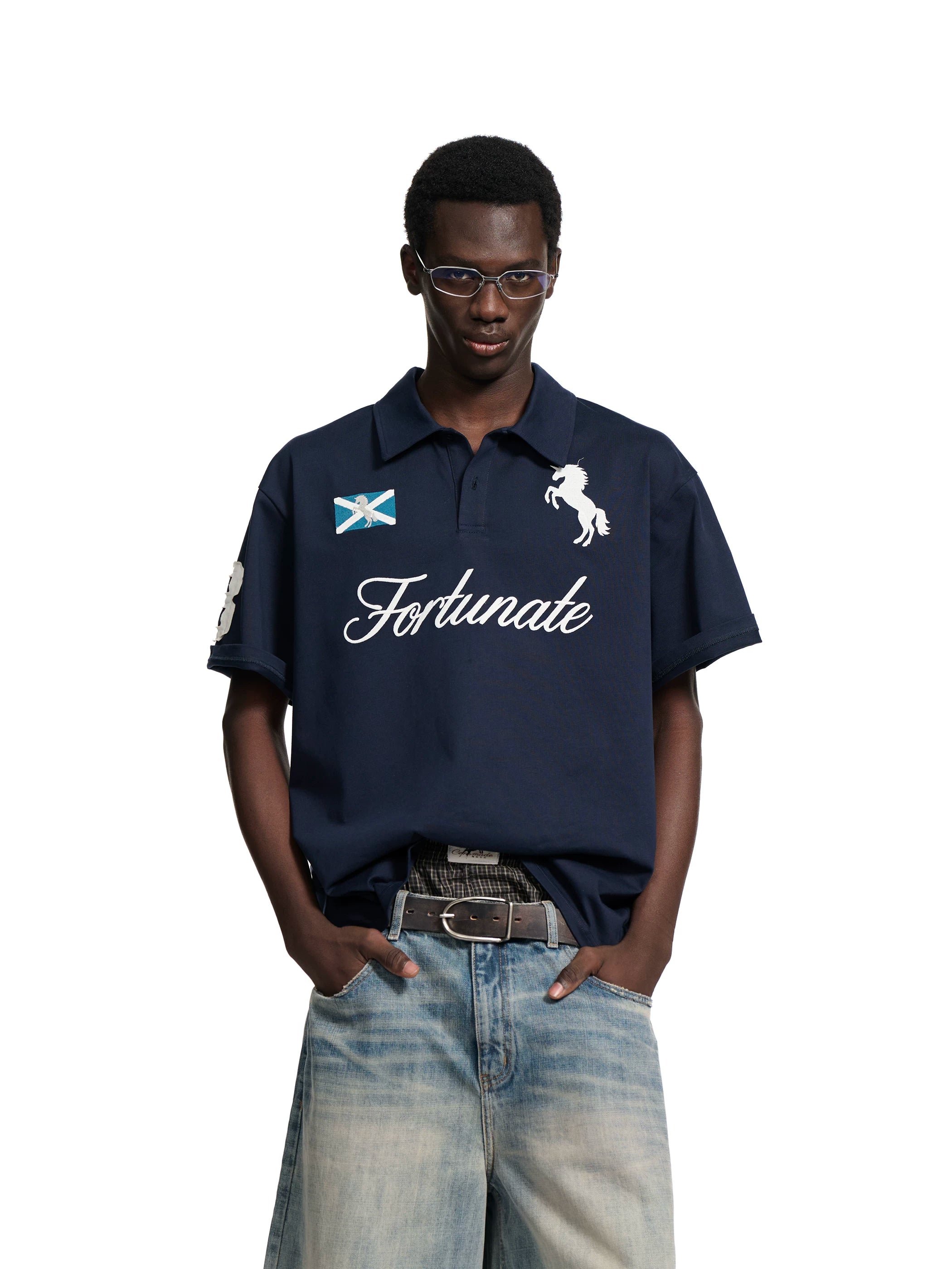 Loopsoon Lapel Front Chest Embroidery Horse Logo Letter Polo Tee