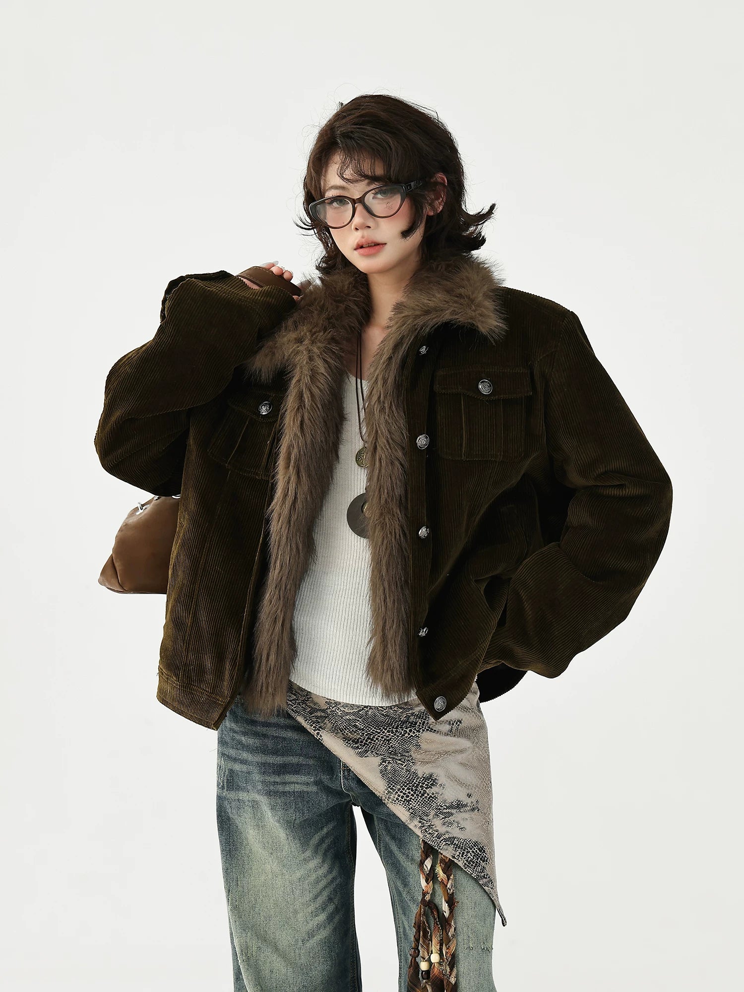AceStudios Vintage Thickened Padded Short Fur Collar Jacket
