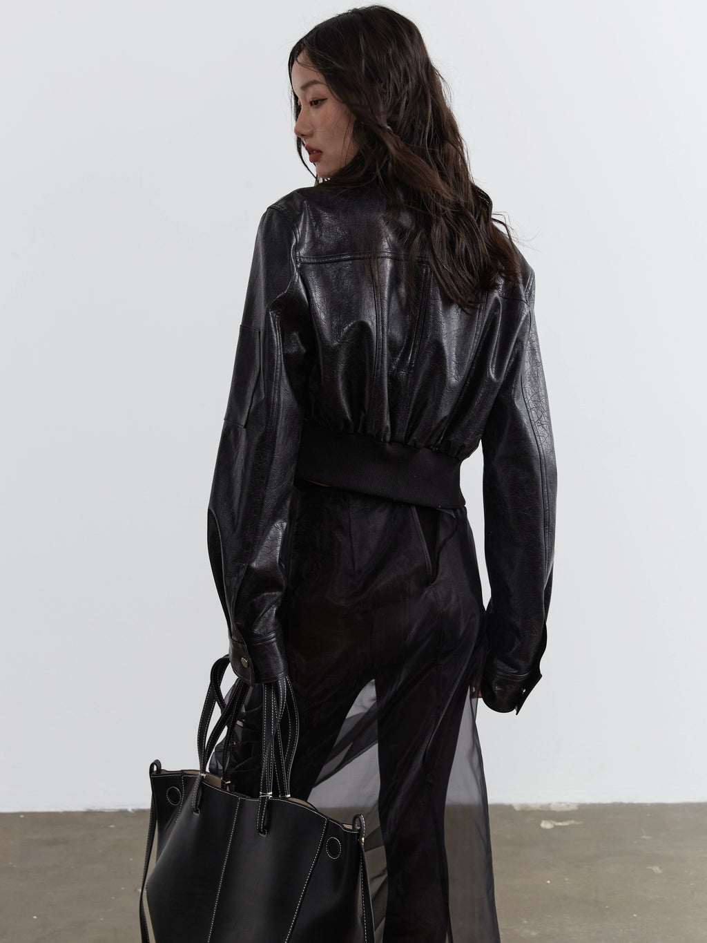 JNYLON Hollow PU Leather High-waisted Ultra-short Jacket