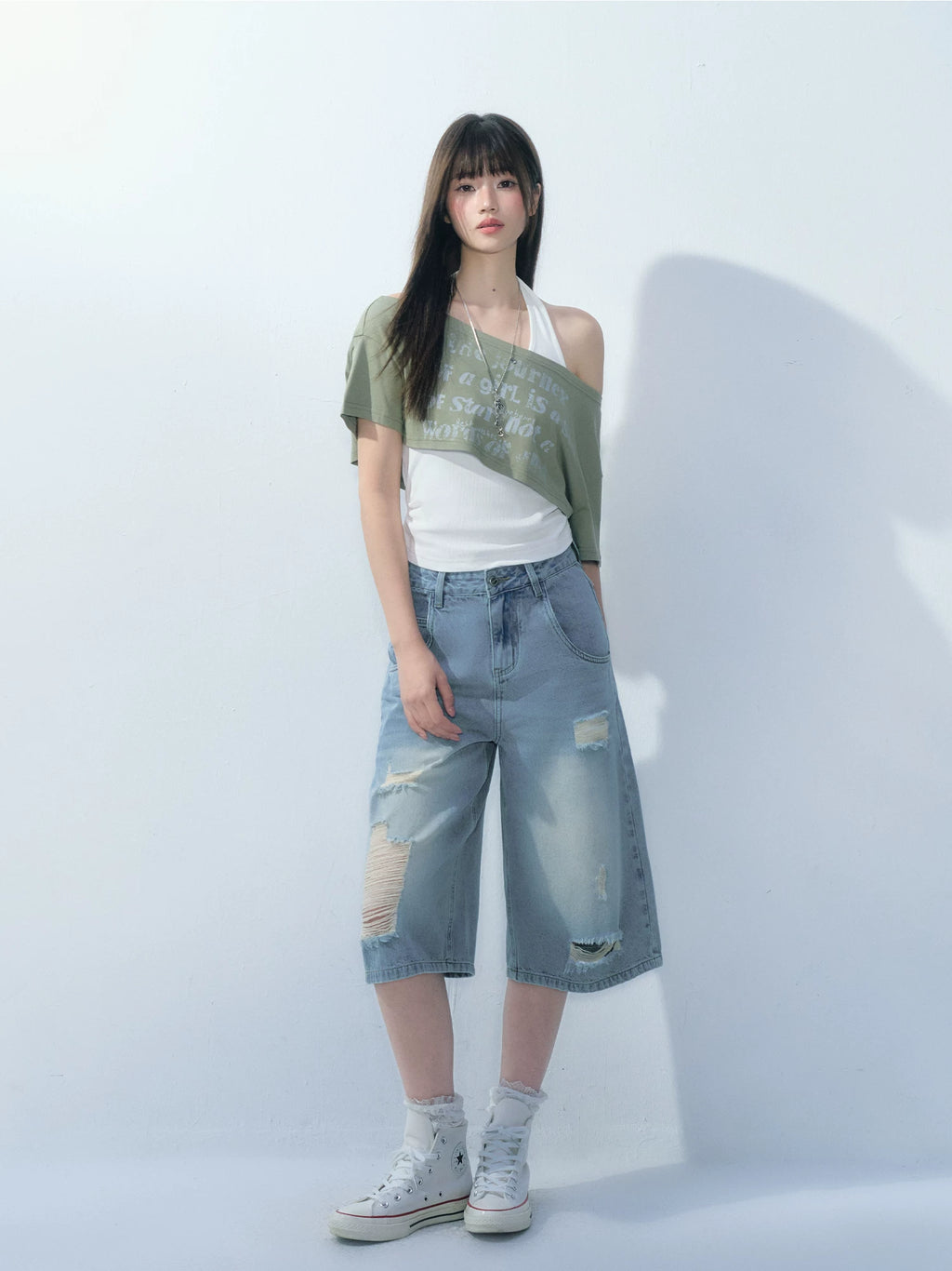 Ablueberry Slanted Shoulder Casual Versatile Tee