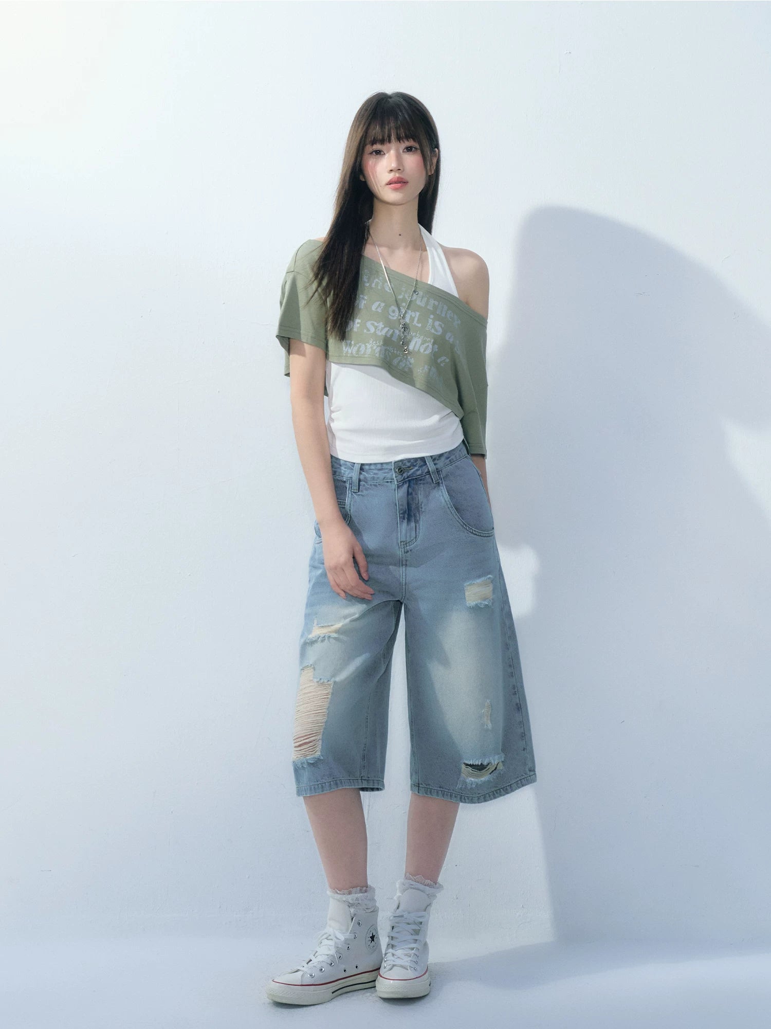 Ablueberry Slanted Shoulder Casual Versatile Tee