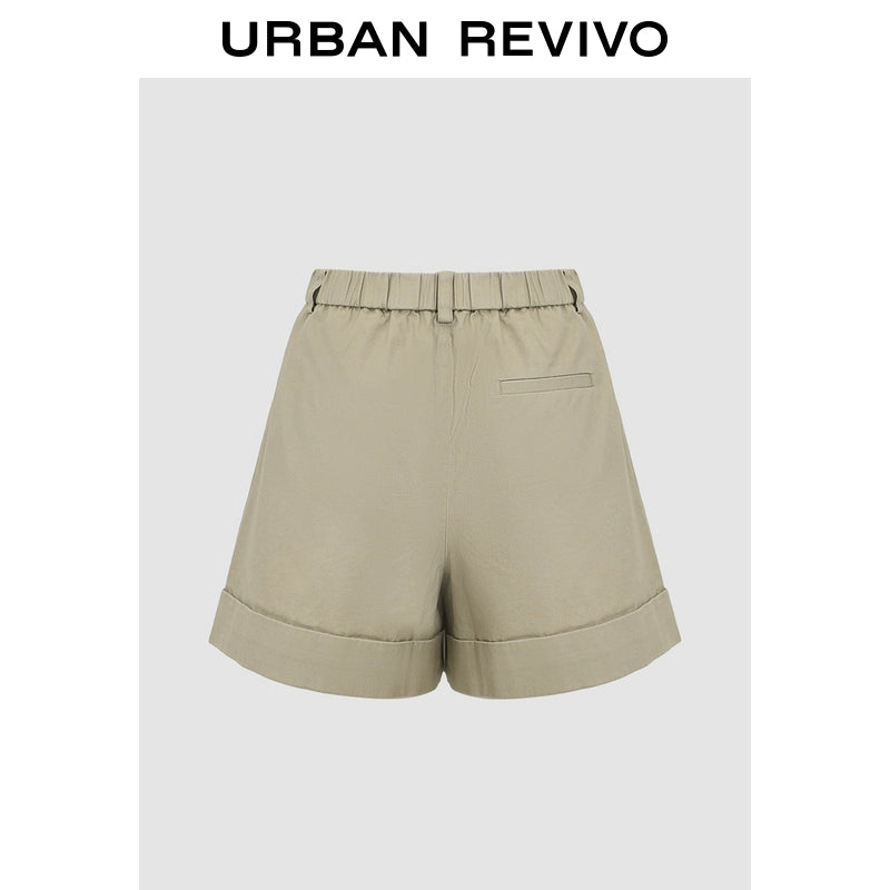 URBAN REVIVO Casual Minimalist Back Elastic Waist Hemmed Shorts