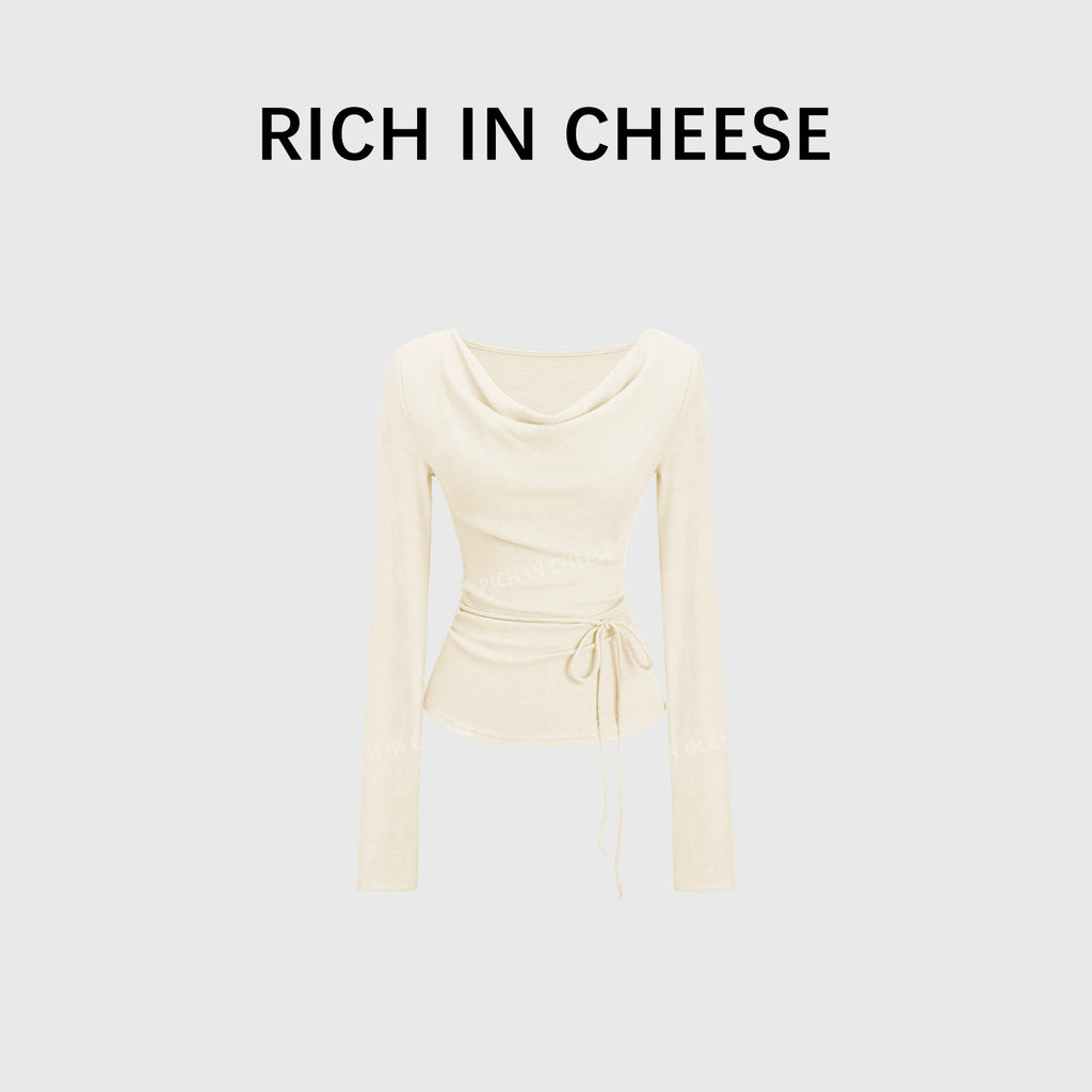 RICH IN CHEESE Waist Fold Temperament Swing Neck Long Sleeve