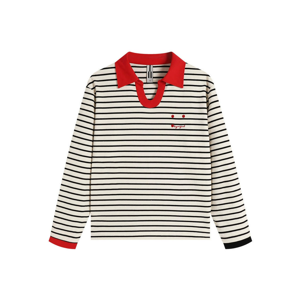 ATRY Striped Retro Loose Contrast Lapel Long Sleeve